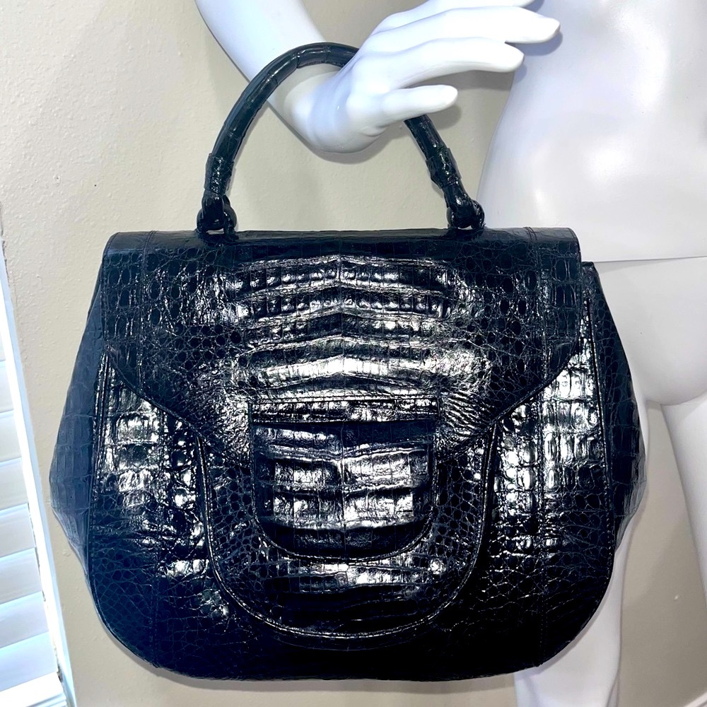 Nancy Gonzalez Glossy Black Croc Satchel with Top Handle